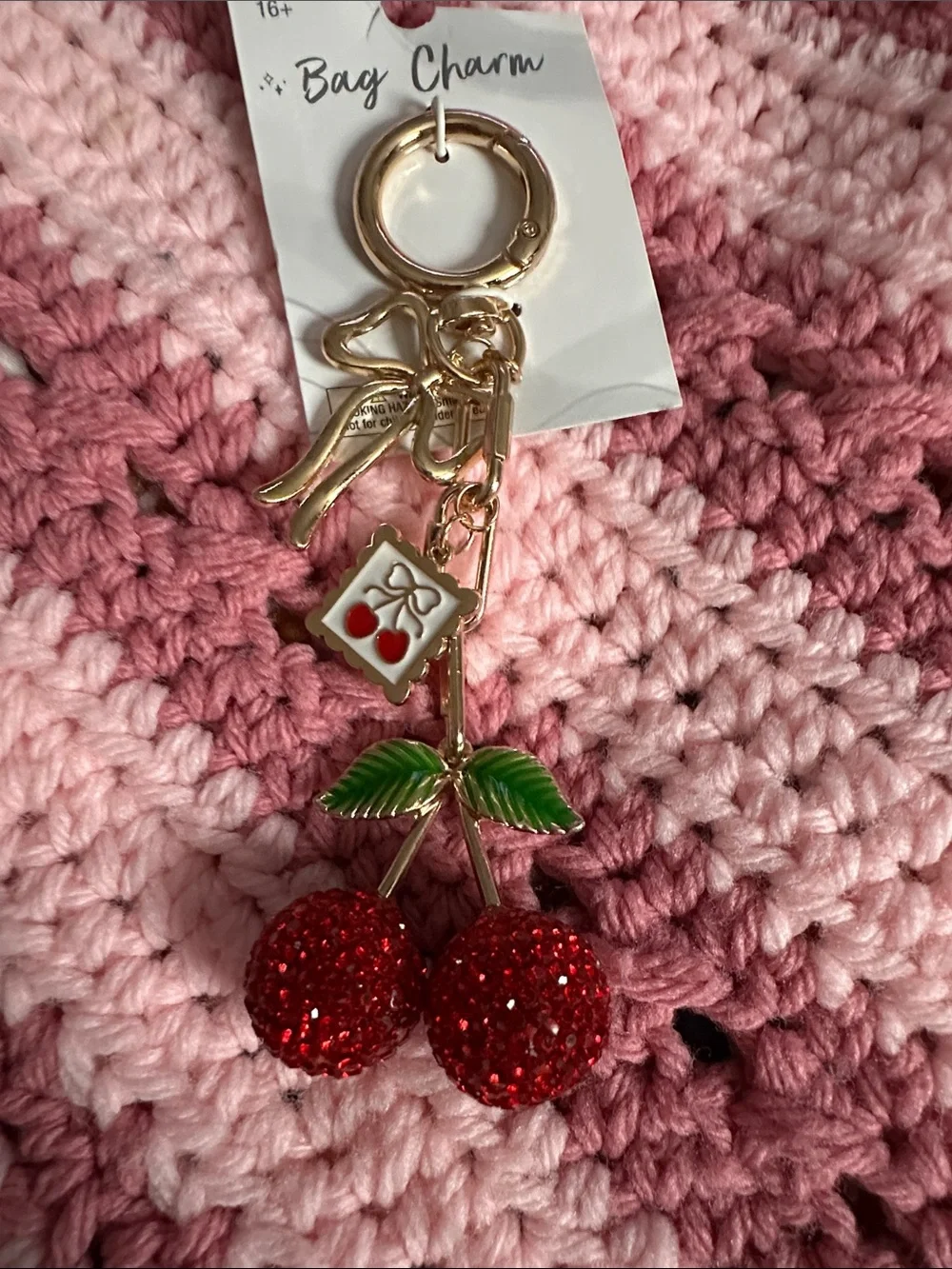 Gold Cherry Bag Charm with Red Crystal Cherries